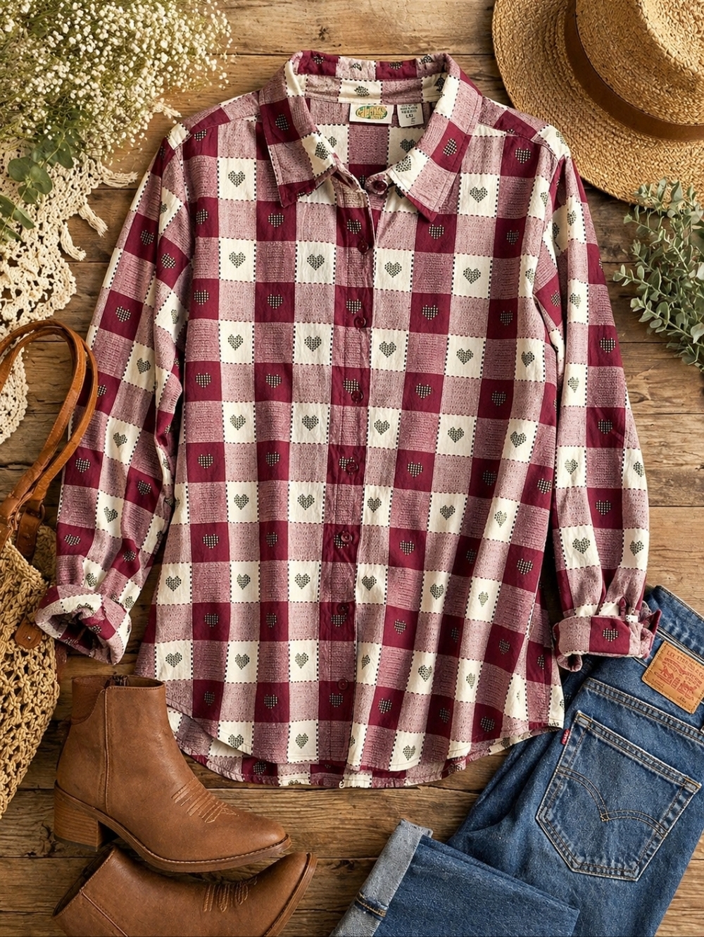 Womens Cottagecore Patchwork Plaid Heart Button Shirt Cotton Long Sleeve L